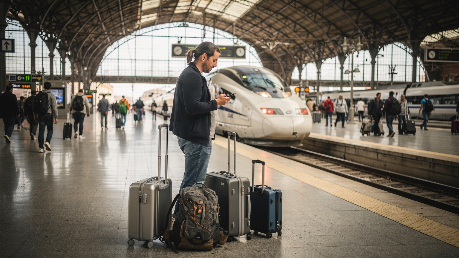 En travel jernbanestasjon i Spania, muligens Atocha i Madrid, med en reisende som sjekker mobiltelefonen sin for et eSIM-signal mens toget nettopp har ankommet perrongen. Flere kofferter og en ryggsekk ligger ved føttene.