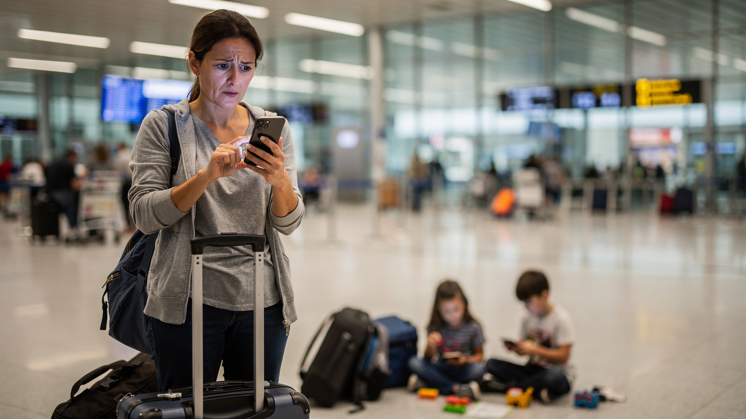 En travel mor med et bekymret uttrykk ser på mobilskjermen sin, der det vises en advarsel om høye datakostnader, mens hun står i en travel spansk ankomsthall på en flyplass med bagasje og barna leker i bakgrunnen.