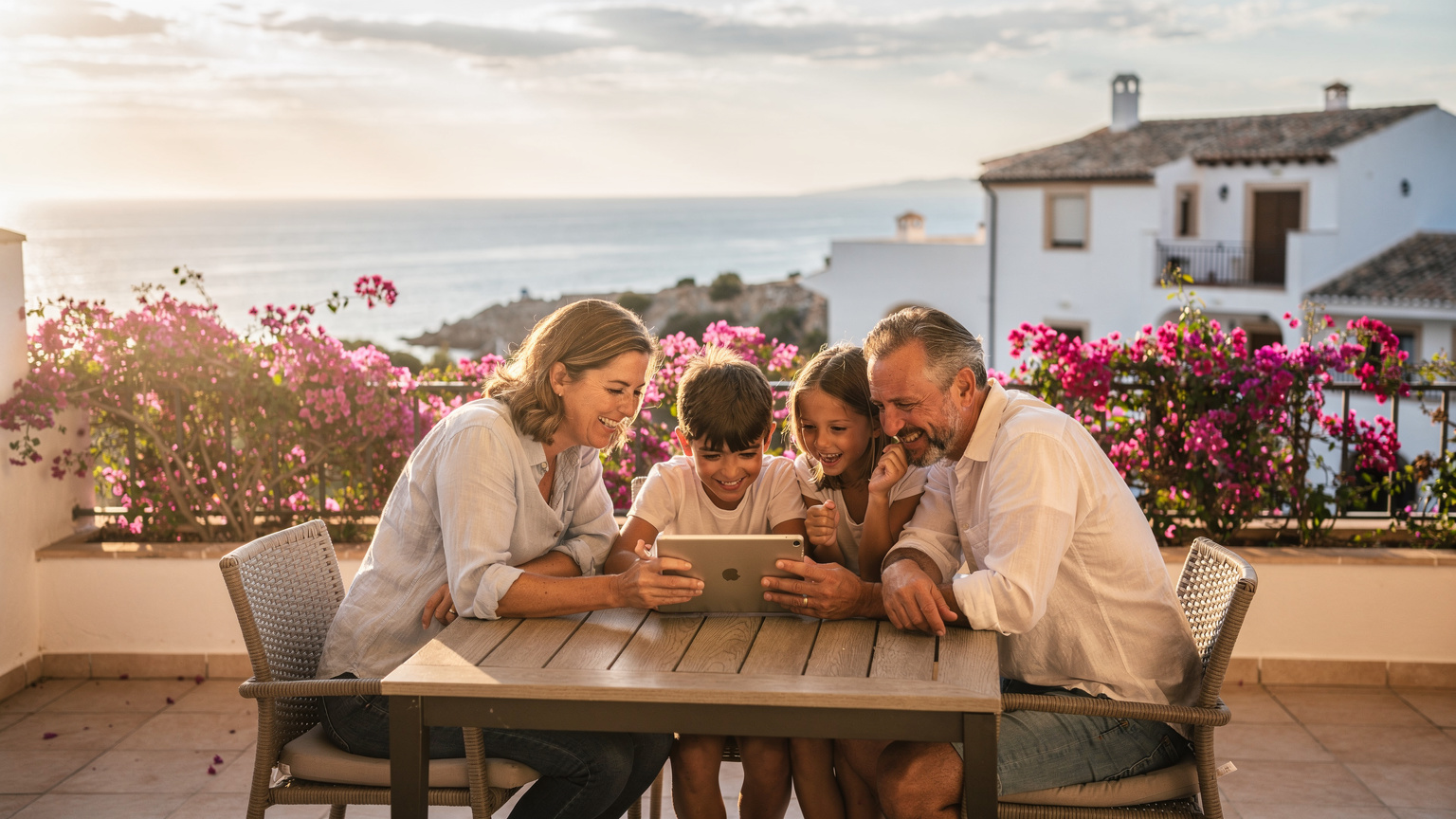En familie på fire, to voksne og to barn, sitter på en solfylt terrasse i Mallorca med utsikt over Middelhavet, og blar gjennom en digital reiseplan på en nettbrett, med smilende ansikter.