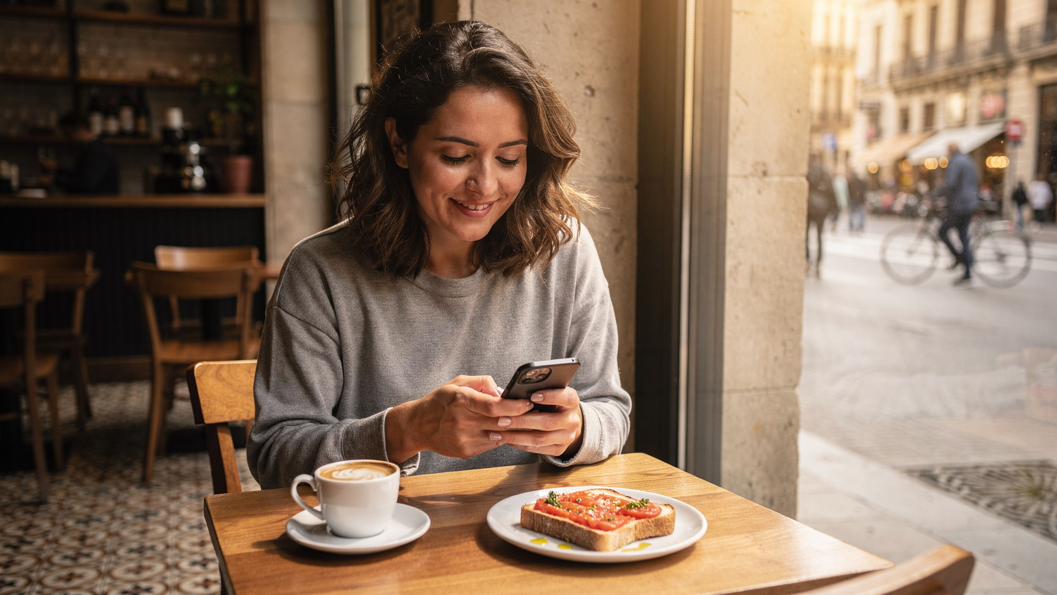 Et nærbilde av en kvinne som sjekker mobilen sin med et lett smil, sittende på en koselig kafé i Eixample-distriktet i Barcelona, med en typisk spansk frokost (kaffe, tostada) på bordet i forkant og en travel gate med fotgjengere og sykler i bakgrunnen.