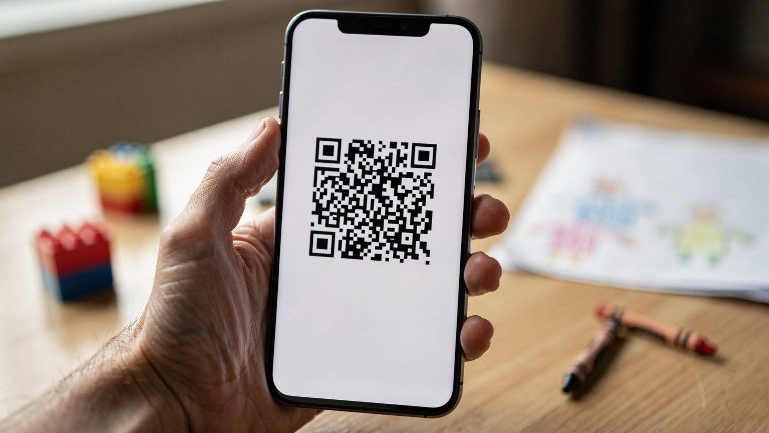 Nærbilde av en mobiltelefon som viser en eSIM-installasjonsprosess med en QR-kode, holdt av en voksen hånd. I bakgrunnen ser man utydelige konturer av leker og en barnetegning på et bord, som indikerer et hjemmemiljø.