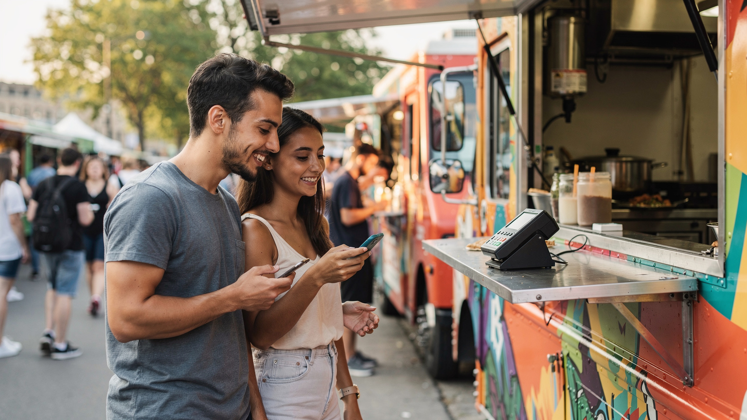 Ένα ζευγάρι παραγγέλνει φαγητό από ένα food truck στο Smorgasburg στο Brooklyn, ενώ χρησιμοποιεί ένα smartphone για να πληρώσει, με ένα χαμόγελο στα χείλη.