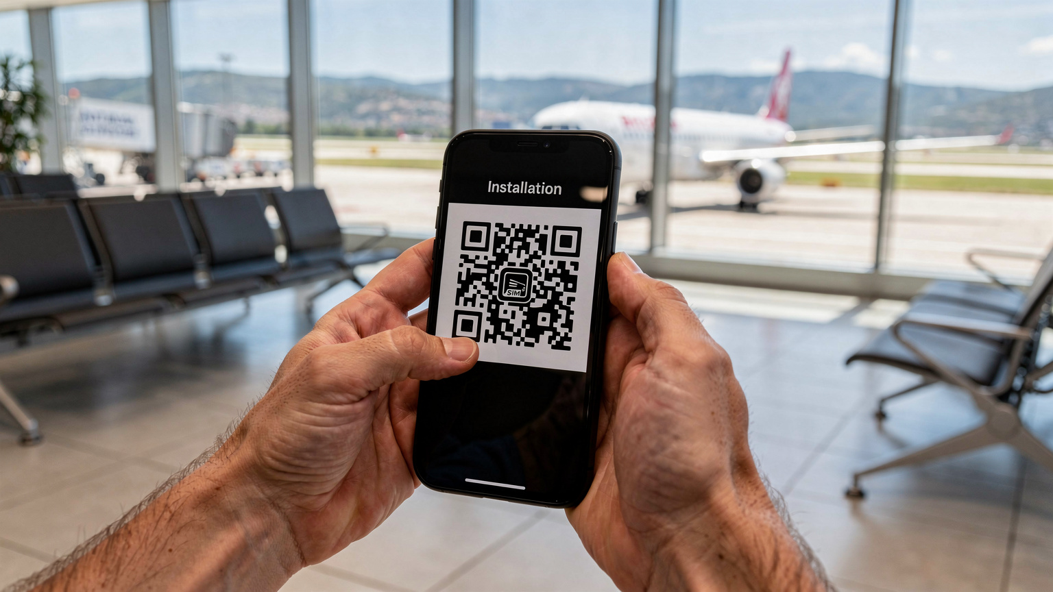 En reisende med smarttelefonen i hånden, med et QR-kode-vindu åpent, som installerer en eSIM-profil på flyplassen i Antalya, med rullebanen og et fly synlig i bakgrunnen.