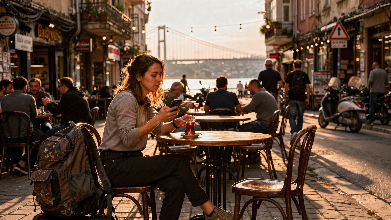 En kvinne med ryggsekk sitter på en travel gatekafé i Istanbuls Karaköy-distrikt, nipper til en tyrkisk te og holder en smarttelefon i hånden, med Bosporosbroen i bakgrunnen.