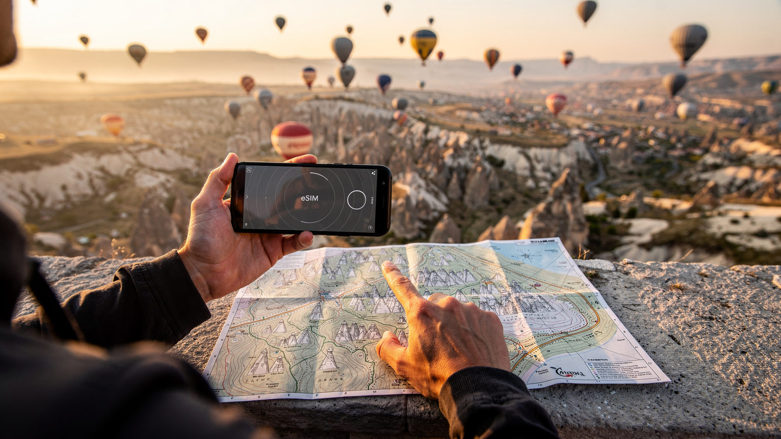 En reisende holder en smarttelefon med en aktiv eSIM-profil vist på skjermen, med den andre hånden gestikulerende mot et kart over Kappadokia, ved soloppgang med varmluftsballonger i bakgrunnen.