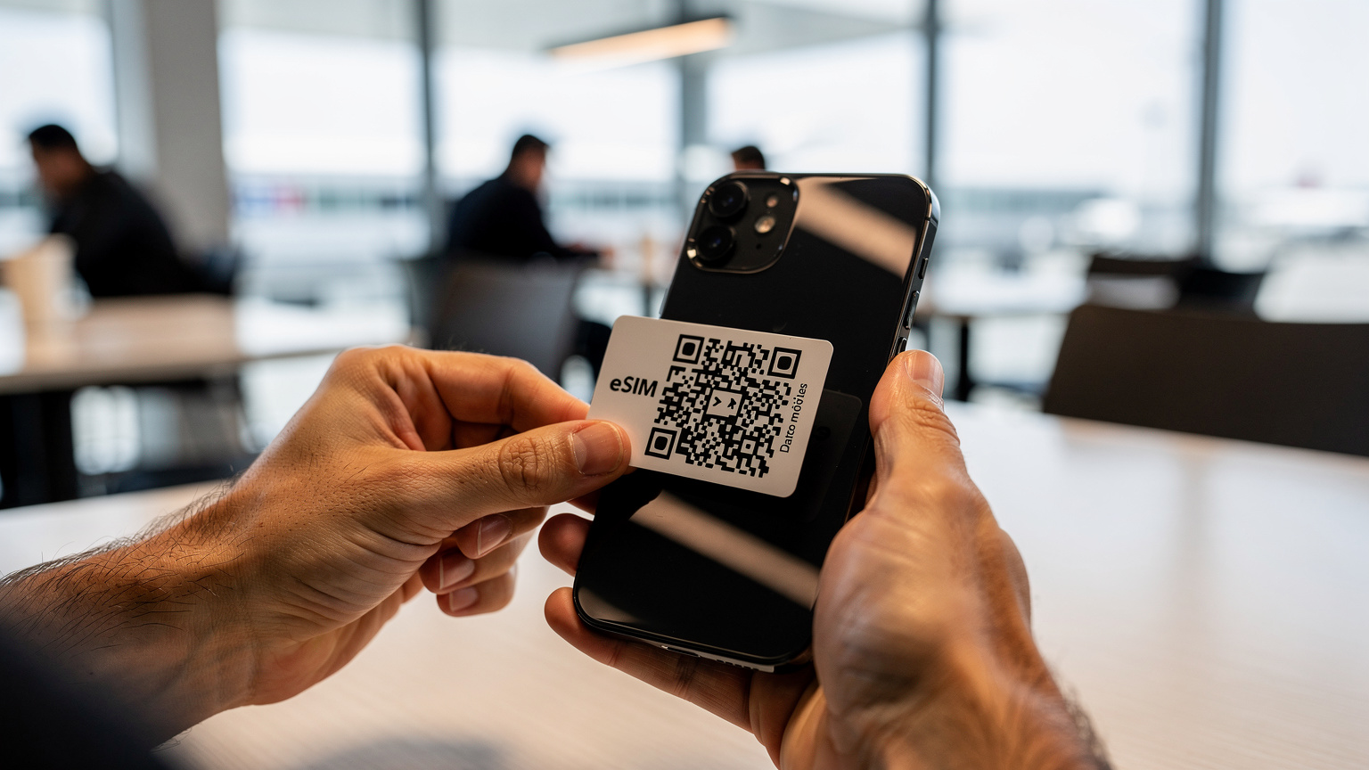 Manos de un viajero activando una eSIM en un iPhone moderno, mostrando el proceso de escaneo de un código QR en una cafetería del aeropuerto de la Ciudad de México.