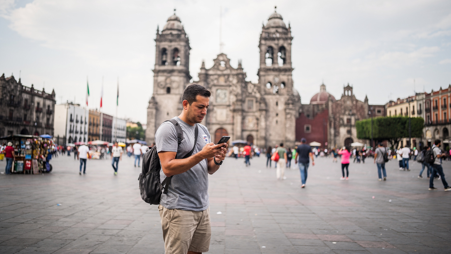 Un turista consultando su teléfono en el Zócalo de la Ciudad de México, con la Catedral Metropolitana de fondo, intentando encontrar la ruta más rápida al estadio.