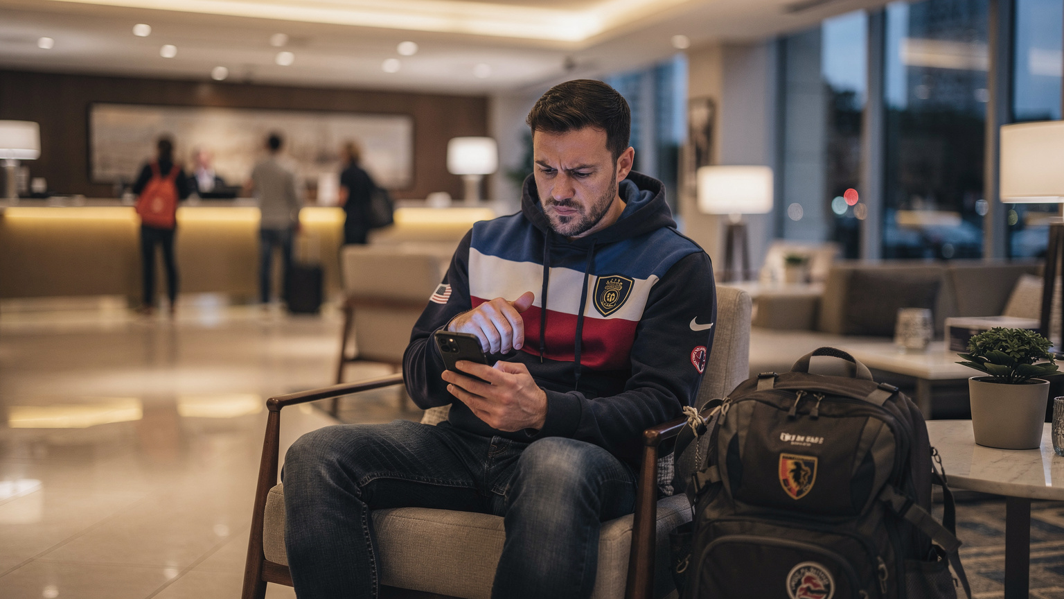 Un hincha frustrado intentando conectar su teléfono a una red Wi-Fi en un concurrido vestíbulo de hotel en Dallas, Texas, con su mochila de viaje a sus pies.