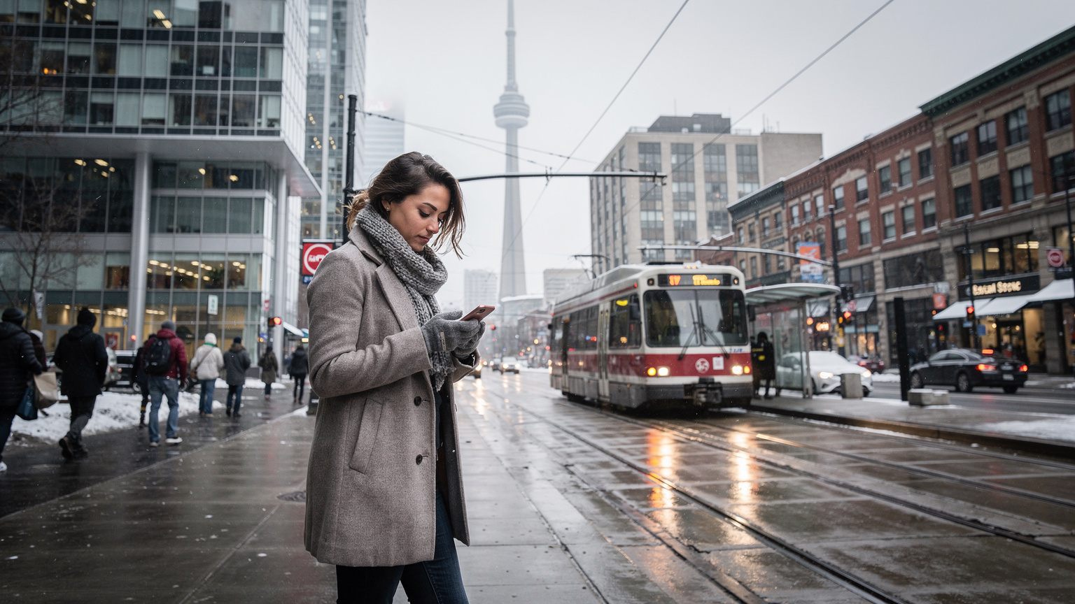 Uma mulher, com trajes de inverno, usando um smartphone enquanto espera um bonde em uma parada de transporte público movimentada em Toronto, com a CN Tower visível ao fundo.