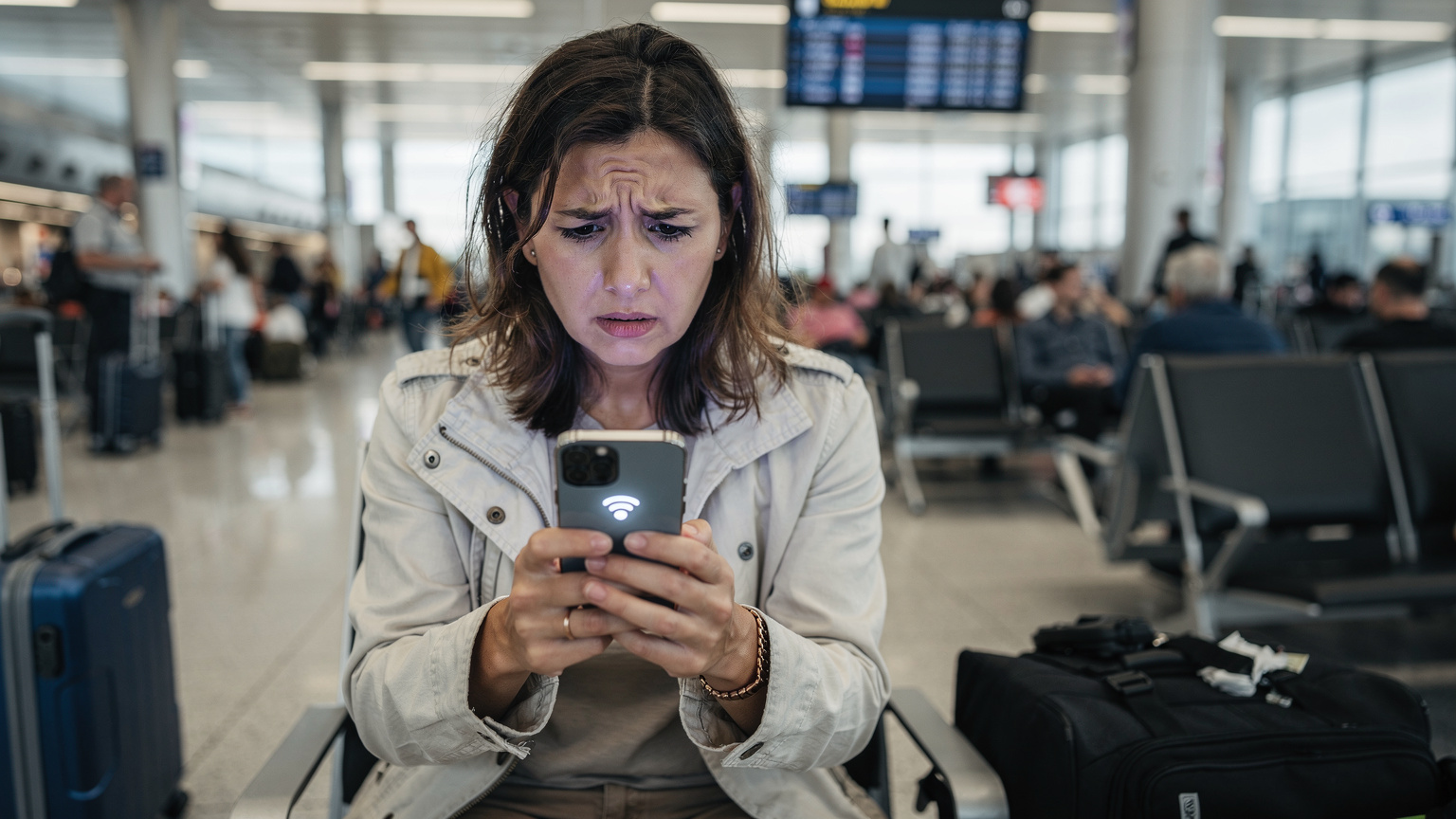 Uma mulher, com expressão de preocupação, olhando para o celular com sinal fraco no saguão de um aeroporto movimentado, com malas ao seu redor, tentando encontrar informações de voo.