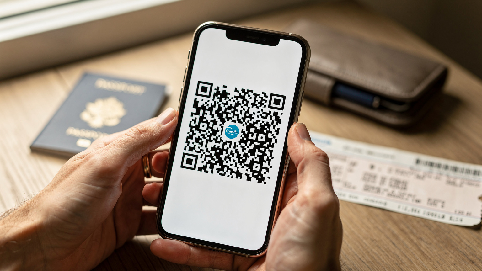 Gros plan sur des mains tenant un smartphone affichant un QR code Cellesim. Les mains sont celles d'un voyageur avec une alliance, et l'arrière-plan est légèrement flou, montrant des éléments de voyage comme un passeport et un billet d'avion, suggérant la préparation avant le départ.