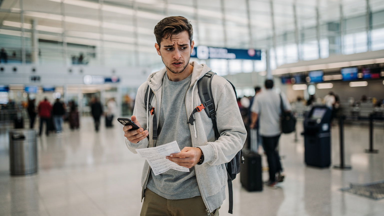 Un voyageur à dos de sac à dos dans un aéroport de Los Angeles, l'air un peu perdu, tenant son téléphone et un document. Il est à la recherche d'un kiosque pour acheter une carte SIM locale.