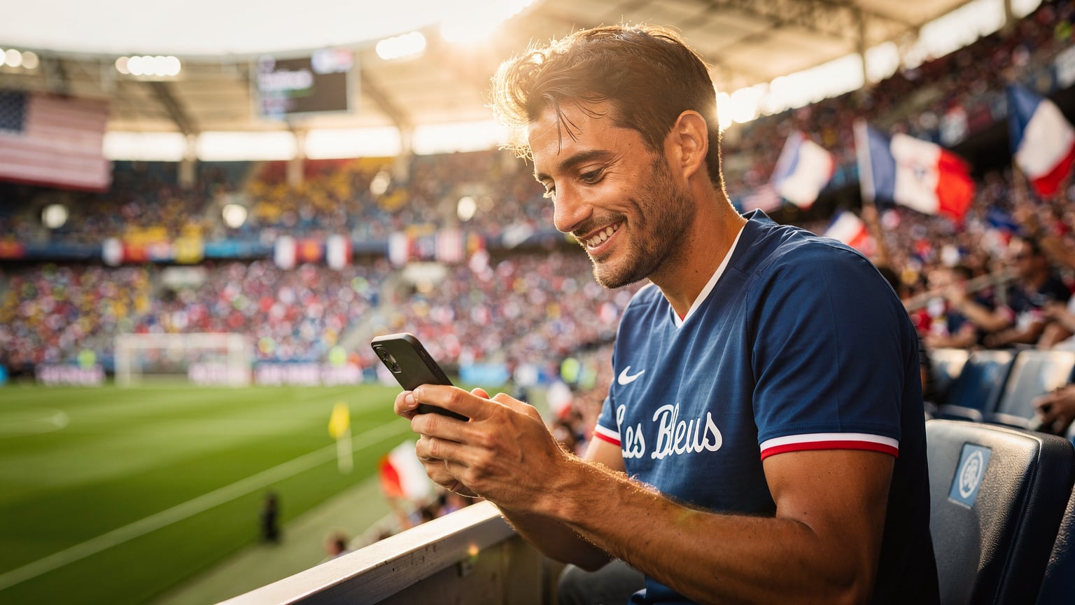 Un supporter français souriant, portant un maillot des Bleus, vérifie son téléphone avec une application de score en direct, assis sur les gradins d'un stade de football moderne aux États-Unis, avec l'excitation de la foule en arrière-plan et des drapeaux nationaux. Le soleil brille, créant une ambiance festive.