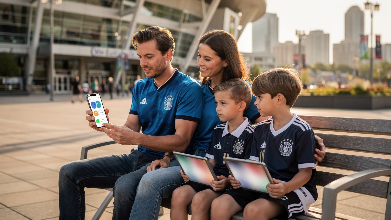 Eine deutsche Familie mit zwei Kindern im Alter von 8 und 11 Jahren, alle tragen Deutschland-Fußballtrikots, sitzen auf einer Bank vor einem modernen Stadion in einer amerikanischen Stadt, die im Hintergrund verschwimmt. Der Vater blickt auf sein Smartphone, das eine eSIM-App anzeigt, während die Kinder auf ihren Tablets schauen. Eine leichte, warme Abenddämmerung hüllt die Szene ein.