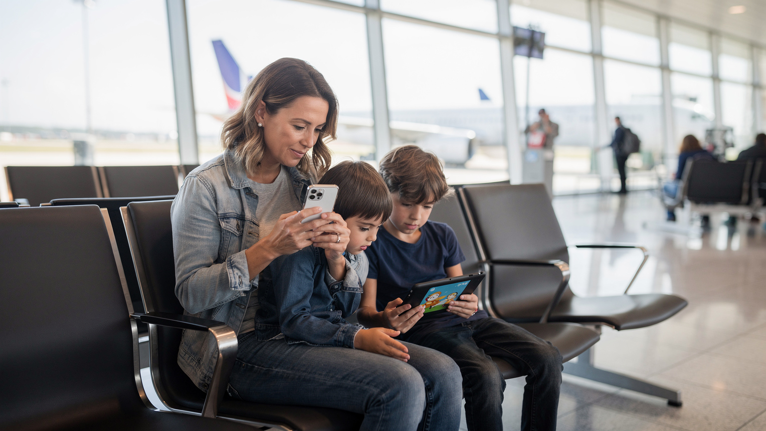 Eine Mutter und ihre beiden Kinder im Alter von 7 und 10 Jahren warten entspannt am Gate eines Flughafens. Die Mutter scrollt auf ihrem Smartphone, auf dem eine eSIM-Verwaltungs-App geöffnet ist, während die Kinder auf einem Tablet eine Zeichentrickserie schauen. Sie trägt bequeme Reisekleidung, die Umgebung ist hell und modern, mit großen Fenstern, die Tageslicht hereinlassen.