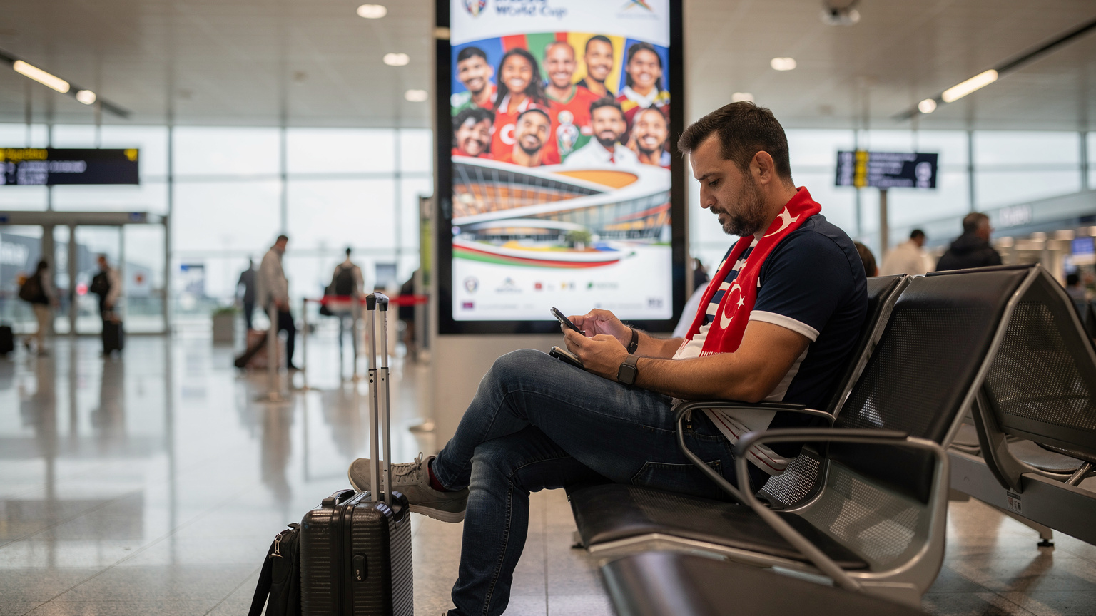 Bir Türk taraftar, havalimanında bavulunun yanında oturmuş, elindeki telefondan eSIM kurulum ekranına bakıyor, arkasında büyük bir Dünya Kupası posteri var.