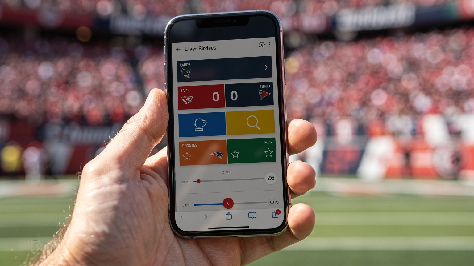 Bir el, akıllı telefonunda bir futbol maçının canlı skor uygulamasını açmış, arka planda kalabalık bir Amerikan stadyumu tribünü görünüyor.