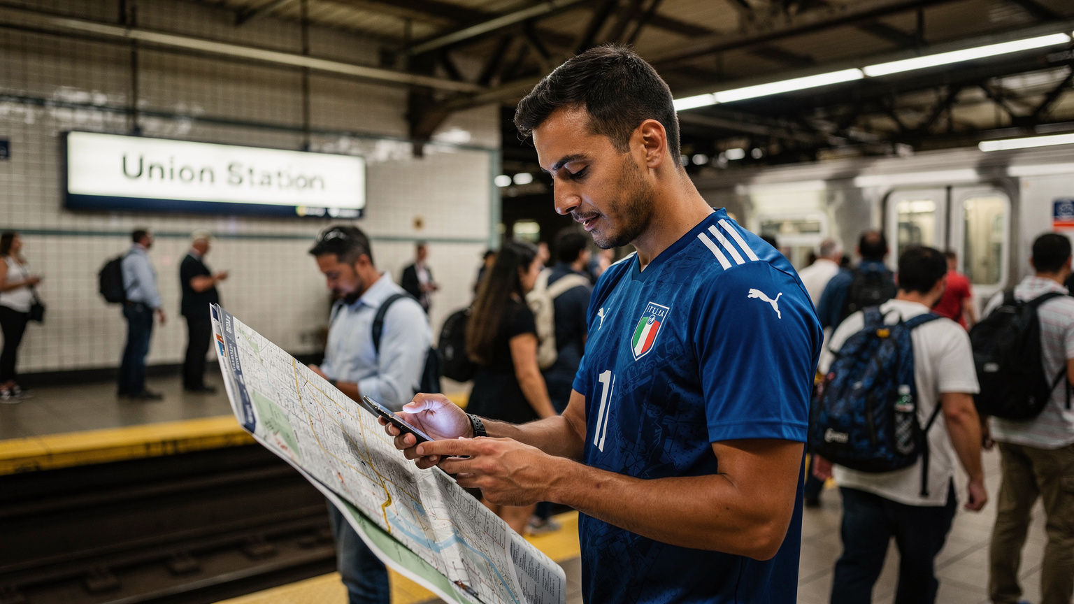 Un tifoso italiano, con la maglia azzurra, consulta il suo smartphone per controllare la mappa dei trasporti pubblici di Toronto, mentre si trova nella stazione della metropolitana di Union Station.