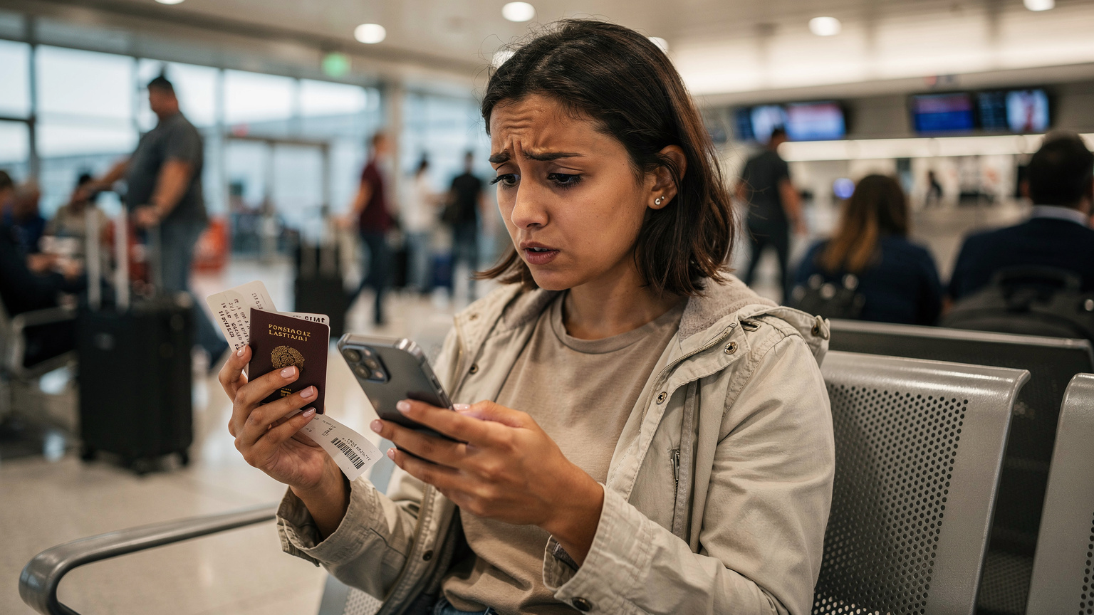 Una donna con un passaporto italiano aperto e un biglietto aereo in mano, sta provando ad attivare una eSIM sul suo smartphone, mentre è seduta in un affollato terminal dell'aeroporto internazionale di Los Angeles (LAX) con un'espressione leggermente confusa.