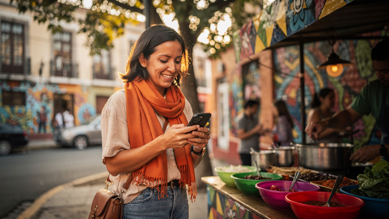Een vrolijke reiziger in een oranje sjaal checkt haar telefoon bij een lokale eetkraam in een bruisende wijk van Mexico-Stad, omringd door kleurrijke muurschilderingen en lokale architectuur.