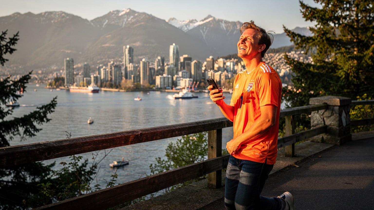 Een vrolijke Nederlandse supporter in een Oranje-shirt, met een telefoon in de hand, kijkt uit over de skyline van Vancouver, Canada, met besneeuwde bergen op de achtergrond.