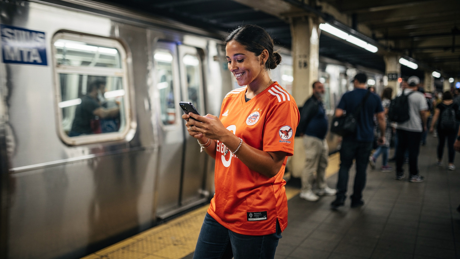 Een blije voetbalfan in een oranje shirt navigeert met haar telefoon op een drukke metrohalte, met een metro van de MTA (New York) die in de achtergrond arriveert.