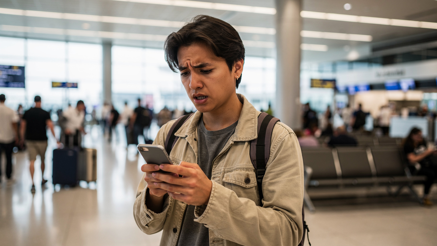 Een ongeruste reiziger in een vliegveldterminal van een grote Noord-Amerikaanse stad kijkt bezorgd naar haar telefoon, terwijl andere reizigers langs haar heen bewegen, wat het gevoel van isolement en verbindingsproblemen benadrukt.