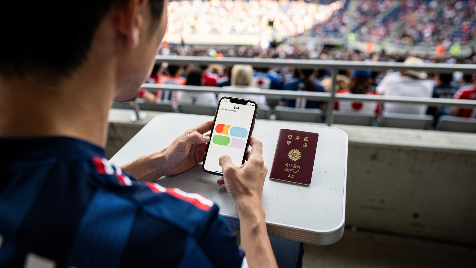 北米のスタジアムで、日本人サポーターがスマートフォンでeSIMの設定画面を確認している様子。手元には日本のパスポートが置かれている。
