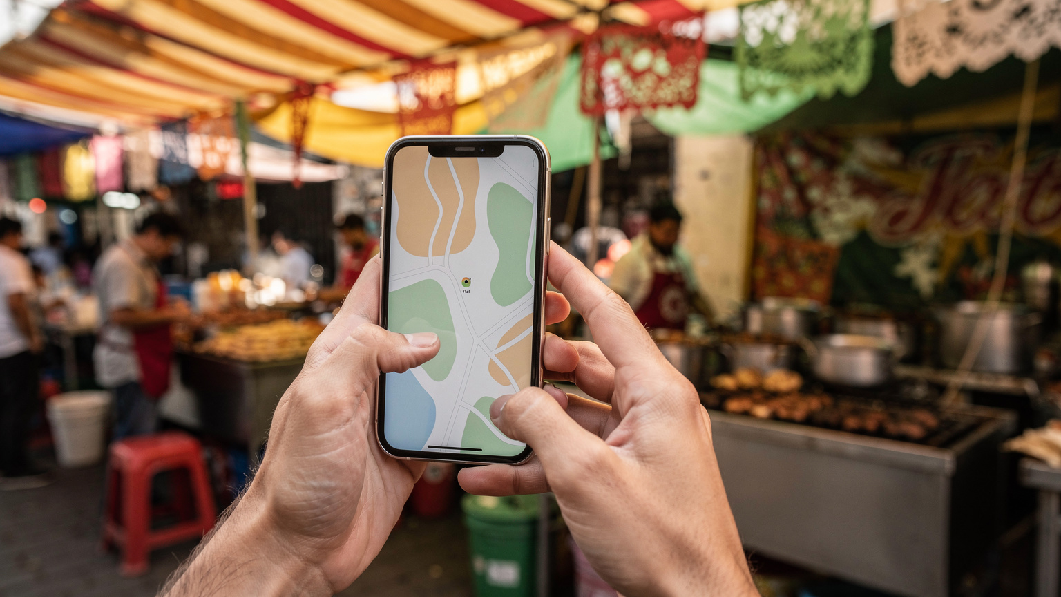 メキシコシティの屋台で、スマートフォンを手にGoogleマップで次の目的地を確認している旅行者の手元。周囲には賑やかな市場の雰囲気が広がっている。