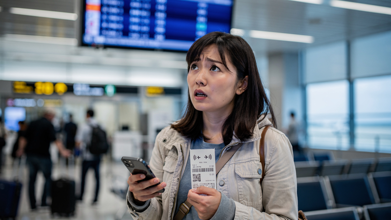 空港の搭乗ゲートで、出発便の電光掲示板を不安そうに見上げながら、スマートフォンでeSIMの状態を確認している日本人旅行者。手には搭乗券を持っている。