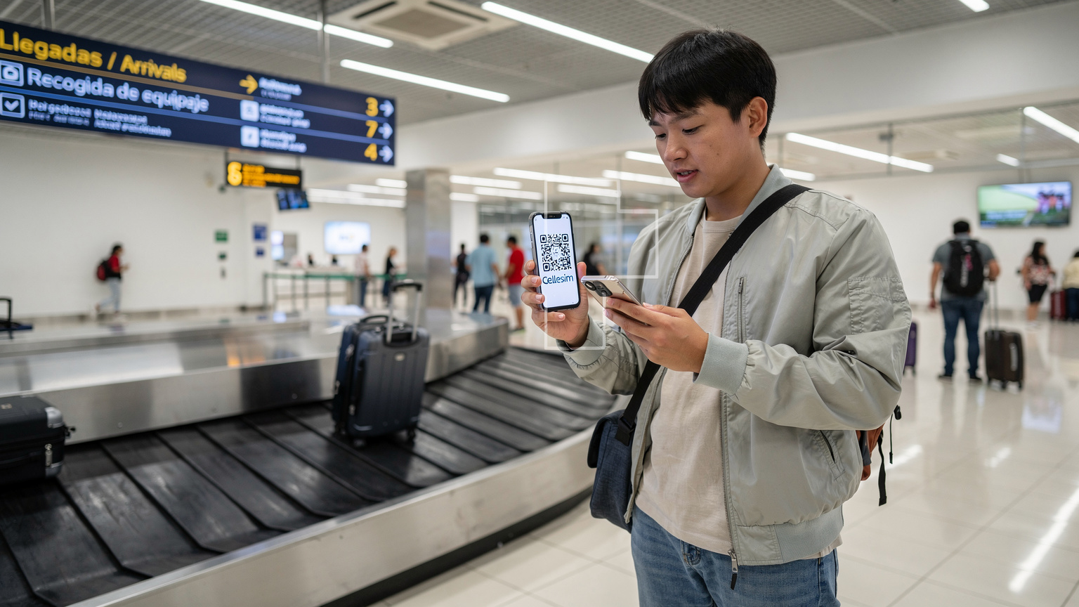 멕시코 칸쿤 공항에 도착한 한국인 여행자가 Cellesim QR 코드를 다른 스마트폰으로 스캔하여 eSIM을 활성화하는 모습.