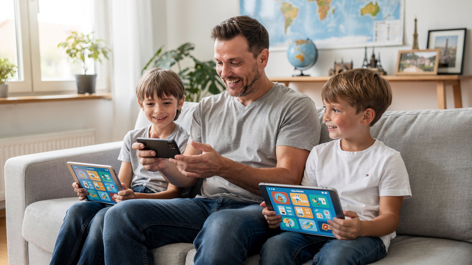 Ein Vater zeigt auf sein Smartphone, um seinen Kindern die Nutzung einer eSIM für ihre Reise zu erklären, während sie aufgeregt ihre Tablets in der Hand halten.