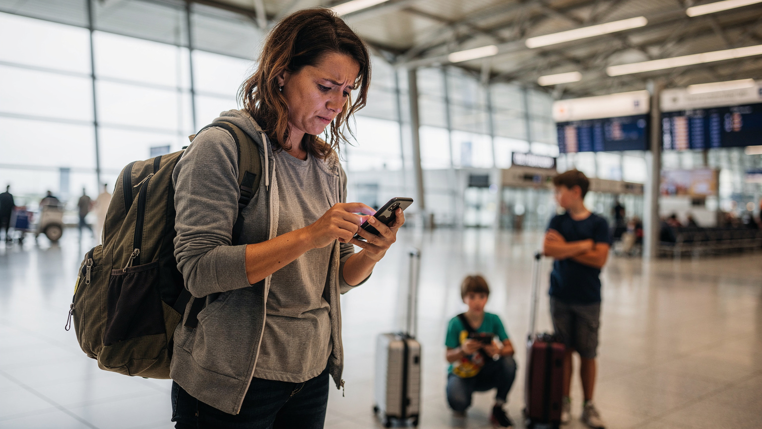Eine gestresste Reisende mit Rucksack und Handy am Flughafen Berlin Brandenburg, die verzweifelt auf ihren Bildschirm schaut, während im Hintergrund Kinder spielen.