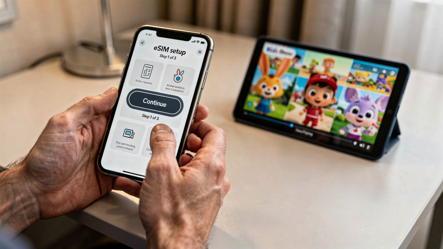Nahaufnahme von Händen, die ein Smartphone halten, auf dem eine eSIM-Installationsanleitung angezeigt wird, während im Hintergrund ein Tablet eine Kinderserie streamt.