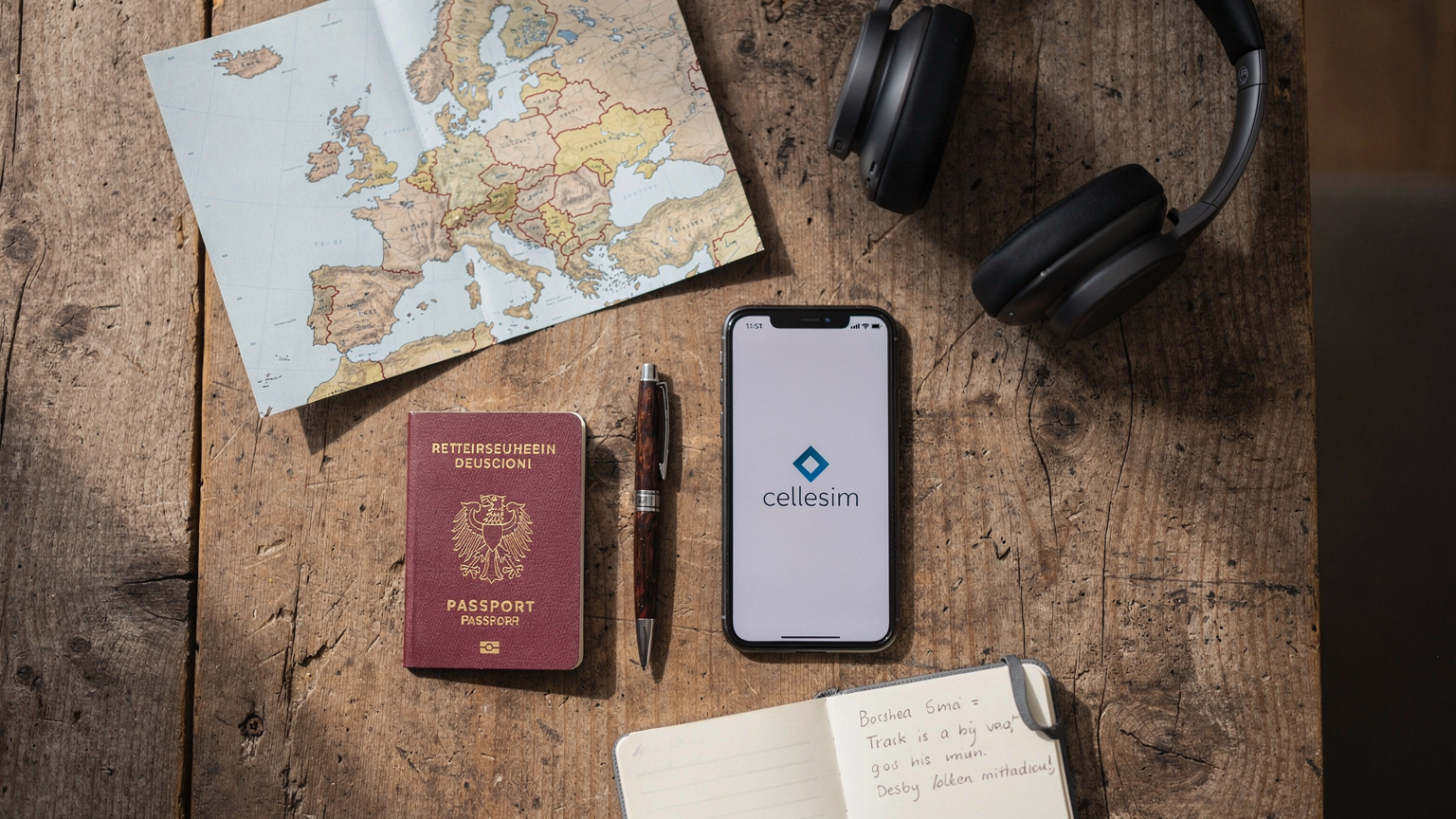 Ein Overhead-Flat-Lay mit einem Reisepass, einem Smartphone mit Cellesim-Logo, Kopfhörern, einer stilisierten Karte von Europa und einem Notizbuch auf einem Holztisch, bereit für die Reiseplanung.