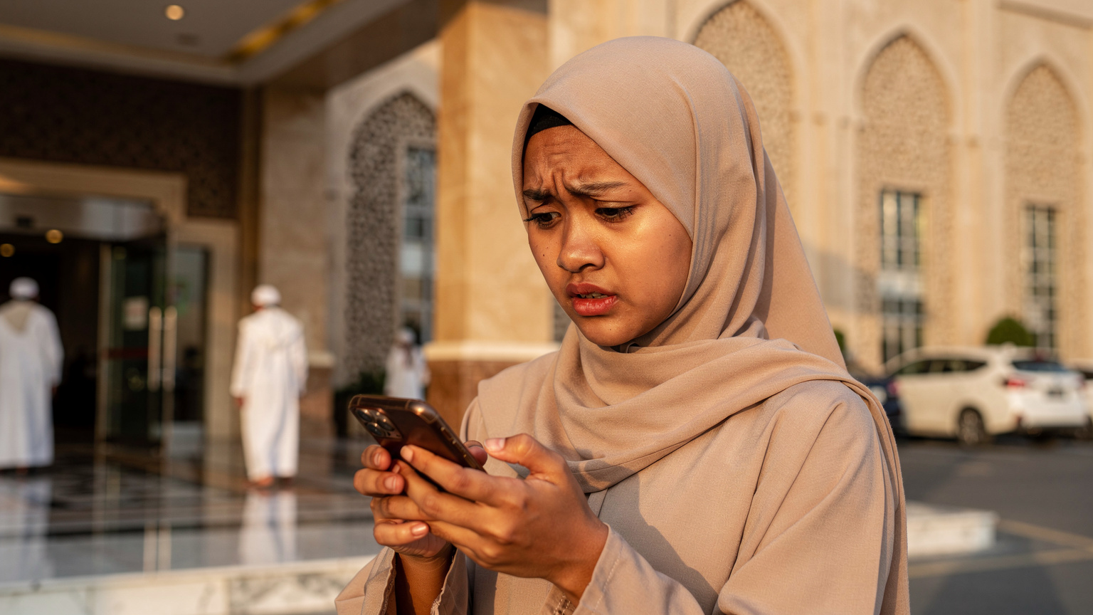 Seorang jamaah haji wanita Indonesia terlihat bingung dan sedikit cemas, memegang ponselnya di luar sebuah hotel di Madinah, mencoba mencari sinyal atau solusi koneksi.