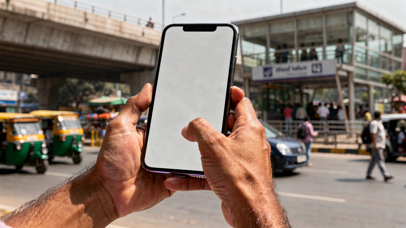 एक यात्री अपने डुअल-सिम स्मार्टफोन में भारत के लिए eSIM प्लान को एक्टिवेट कर रहा है, जिसके बैकग्राउंड में दिल्ली का एक व्यस्त फ्लाईओवर और मेट्रो स्टेशन दिख रहा है.