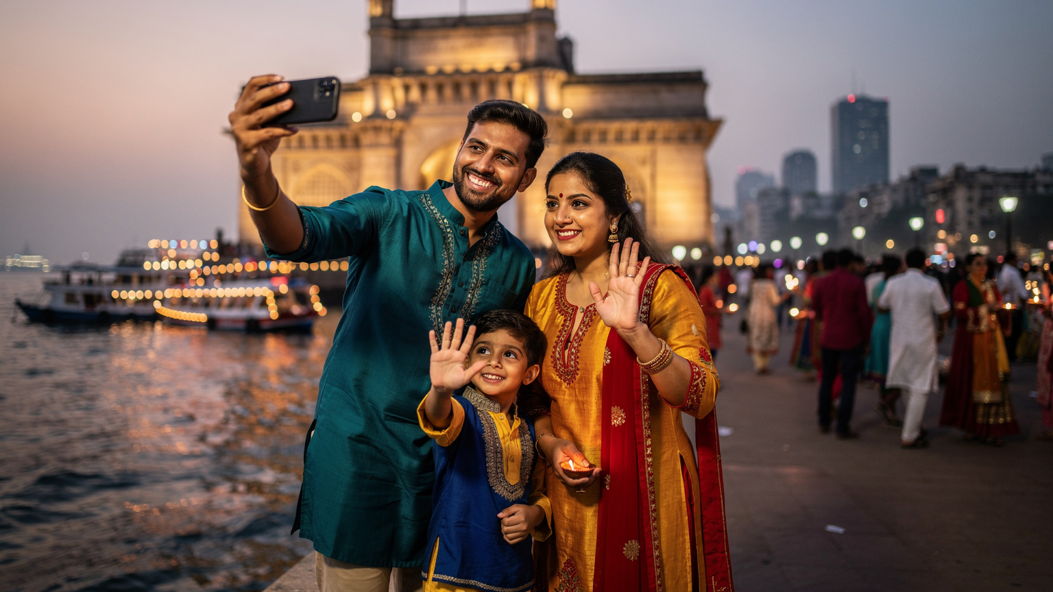 मुंबई में दिवाली के दौरान गेटवे ऑफ इंडिया के पास एक परिवार अपने फोन पर वीडियो कॉल कर रहा है, जिसके बैकग्राउंड में रोशनी से जगमगाते जहाज़ और लोग दिख रहे हैं.