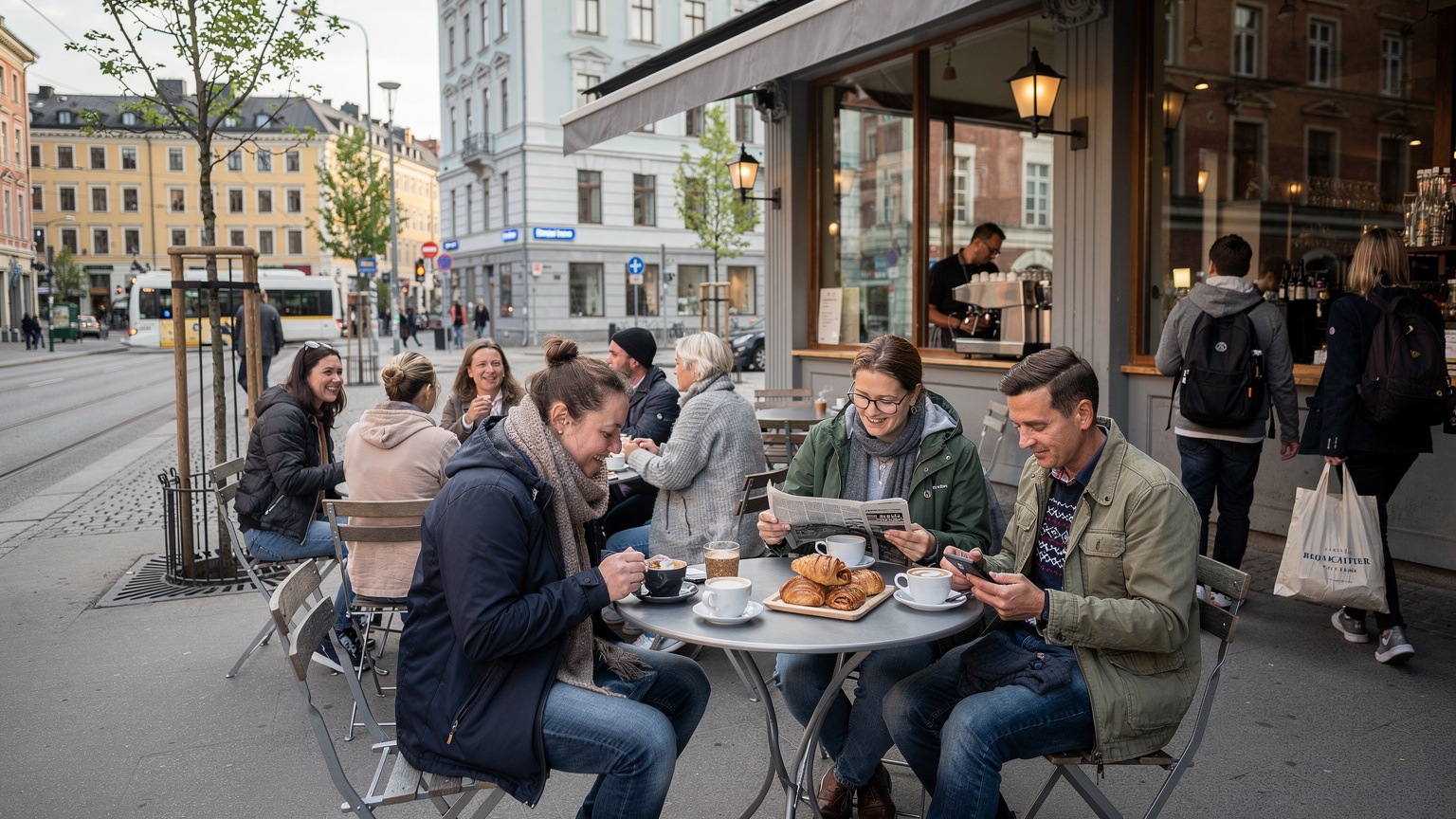 En travel fortauskafé i Oslo sentrum med folk som nyter kaffe og bakervarer, reflekterer en typisk nordisk byscene.