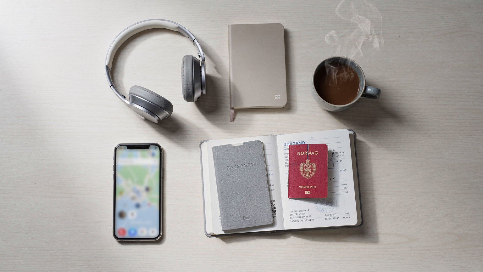 En overordnet flat-lay av en reisendes skrivebord med et pass, en smarttelefon som viser et kart, hodetelefoner, en liten notatbok og en kopp kaffe, som representerer planlegging og tilkobling.