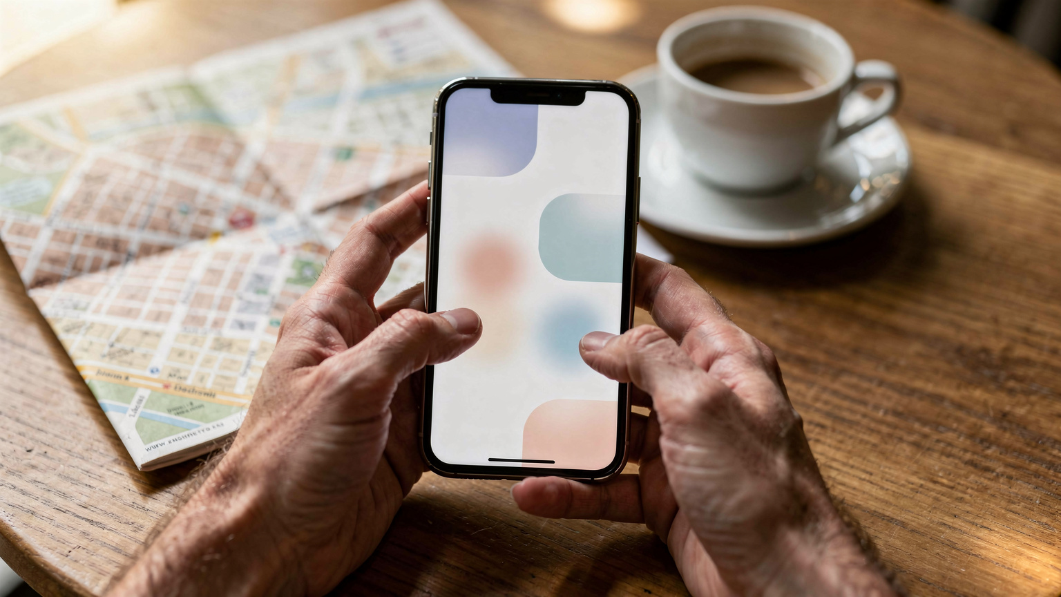 Unas manos sostienen un teléfono móvil mostrando la pantalla de una aplicación de gestión de eSIM, con opciones claras para comprar o recargar datos, sobre un fondo de una mesa de café con un mapa y una taza.