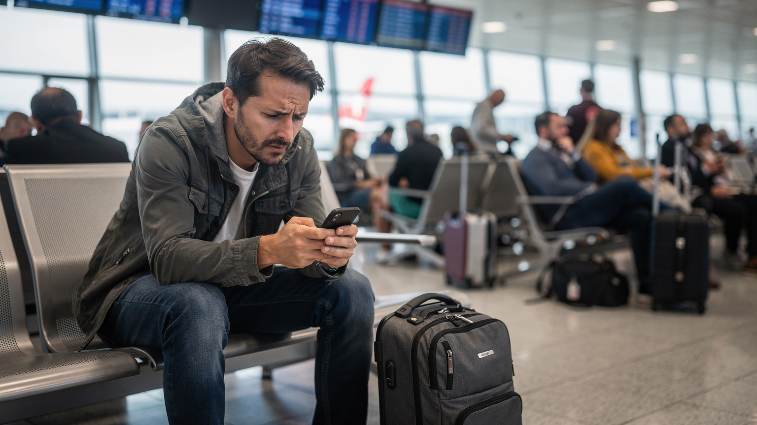 Un viajero frustrado mira su teléfono con la pantalla en blanco o con un mensaje de error, mientras está sentado en un aeropuerto concurrido, con sus maletas a un lado.