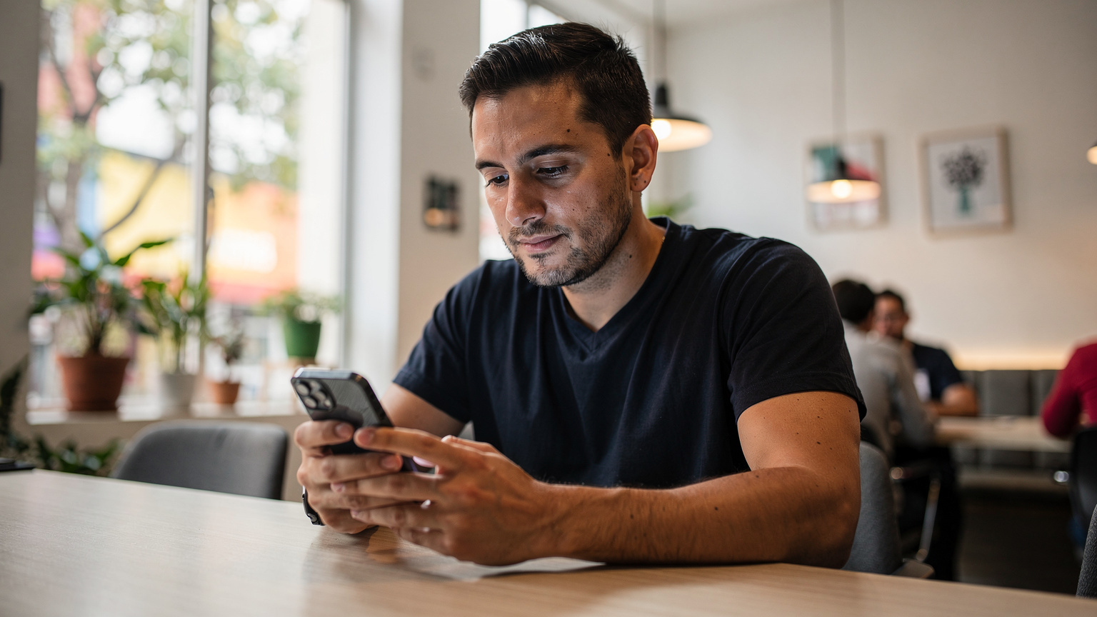 Un nómada digital usa su móvil en un coworking moderno en Ciudad de México, con la pantalla iluminando su rostro concentrado y el fondo ligeramente desenfocado.