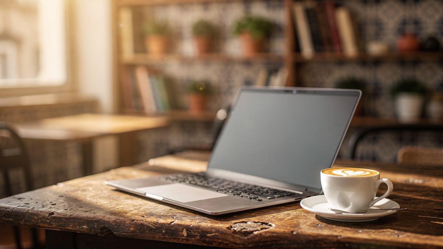 Un café acogedor en Lisboa, Portugal, con un portátil abierto sobre una mesa de madera y una taza de café, transmitiendo una atmósfera de trabajo remoto relajada.
