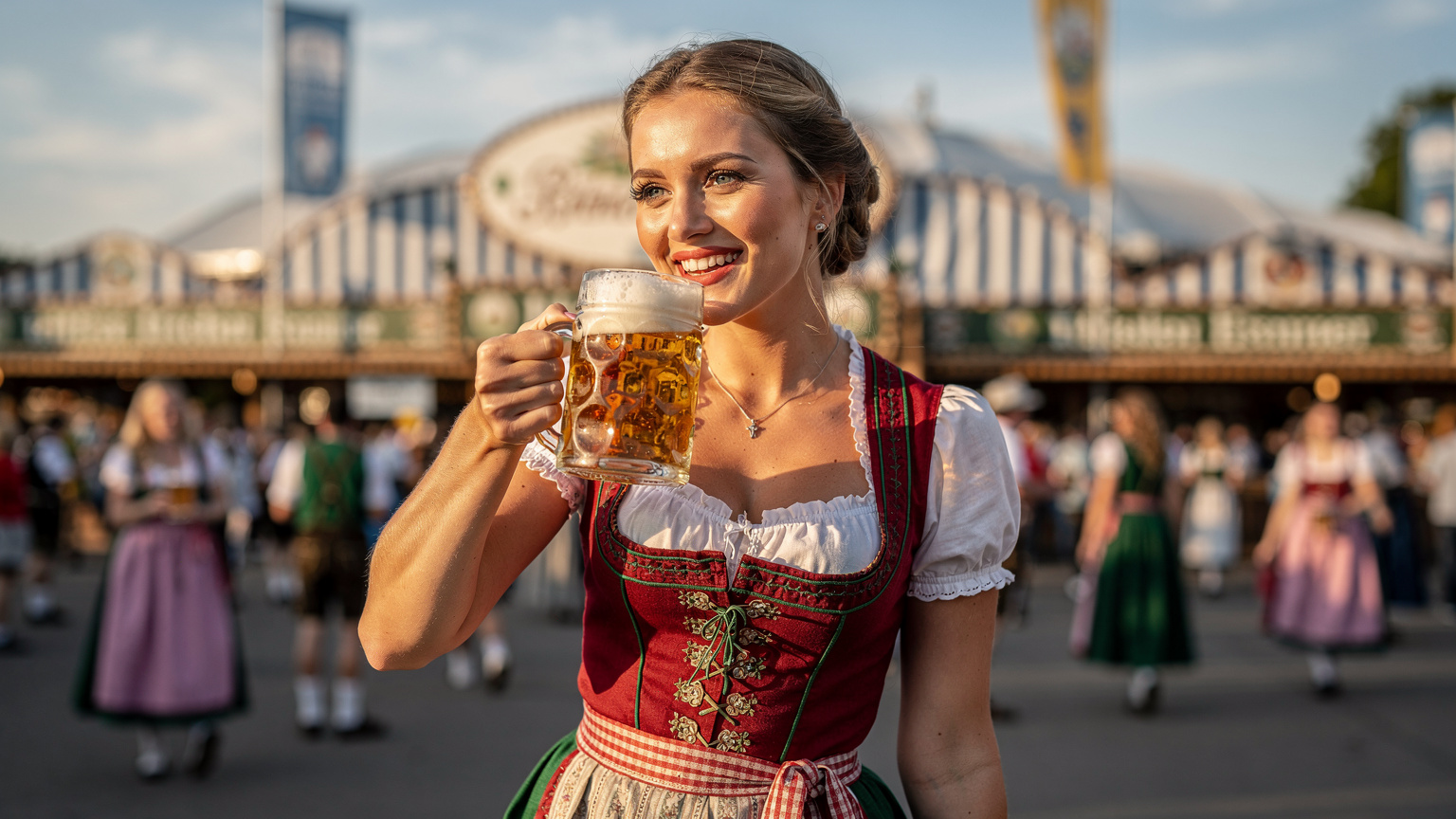 Een jonge vrouw in traditionele Beierse klederdracht, lachend en proostend met een Maß bier op het Oktoberfest, met de iconische tenten op de achtergrond en veel mensen om haar heen, onder een zonnige najaarslucht.