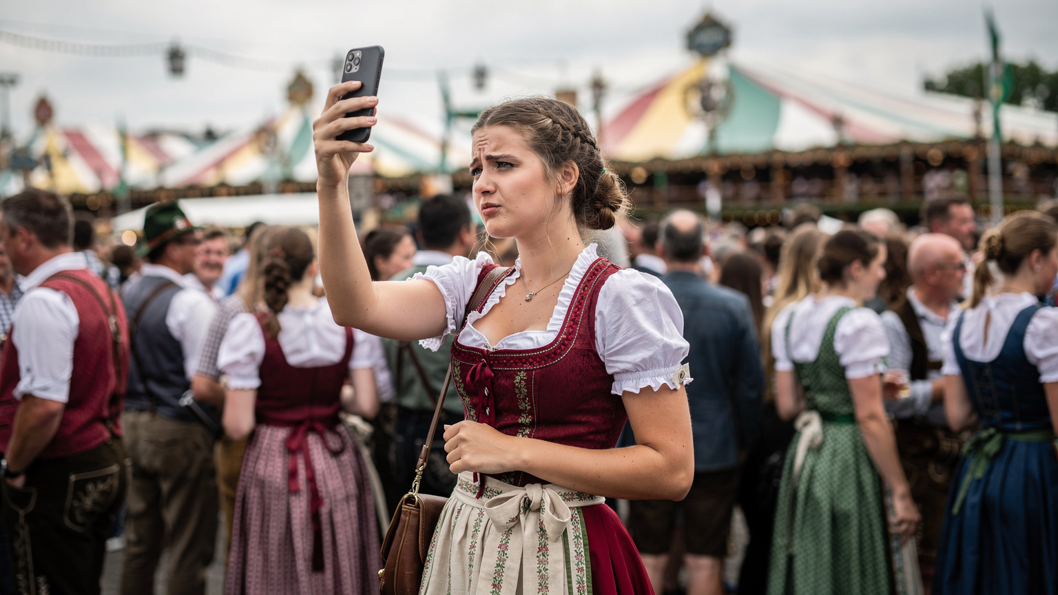 Een jonge vrouw in een traditionele dirndl probeert haar telefoon te gebruiken op de Theresienwiese, omringd door duizenden festivalgangers, met een enigszins gefrustreerde uitdrukking op haar gezicht omdat haar telefoon geen verbinding heeft, wat het belang van een goede eSIM onderstreept.
