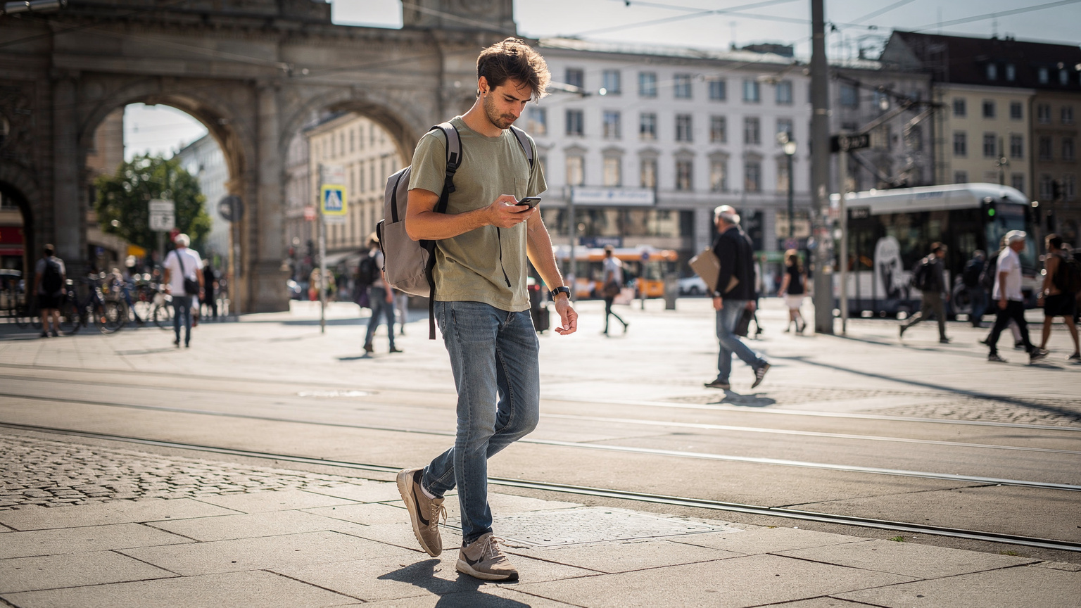 Een jonge man met een smartphone navigeert door de drukke Karlsplatz (Stachus) in München, met op de achtergrond de historische gebouwen en de tramrails, terwijl hij geconcentreerd naar zijn scherm kijkt voor routeaanwijzingen.