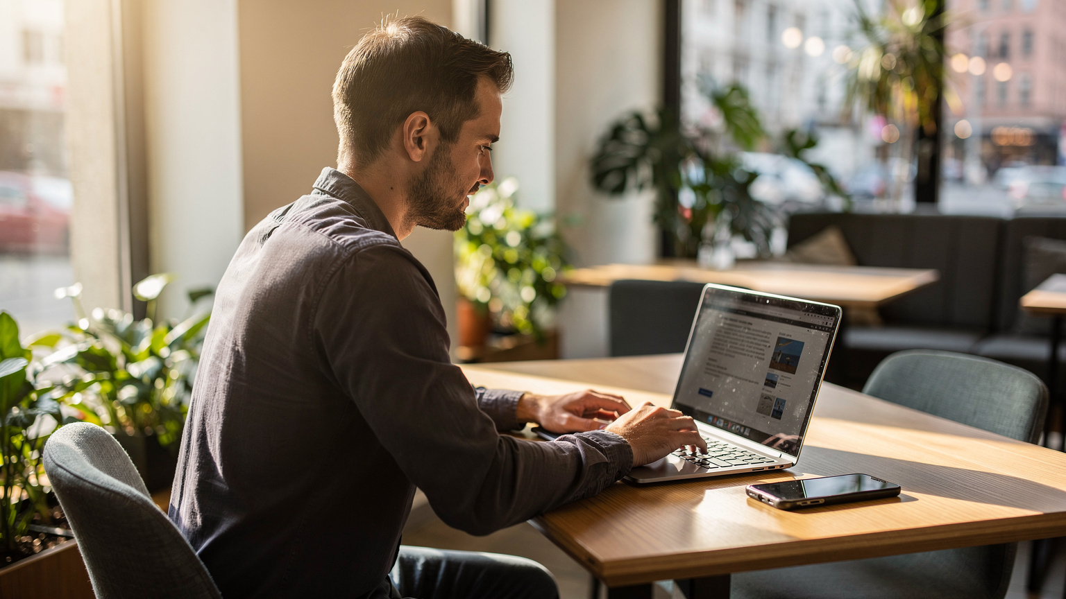 Een interieurbeeld van een gezellige co-working space in München, met een persoon die geconcentreerd werkt op een laptop, omringd door planten en natuurlijk licht, en een smartphone prominent op het bureau naast de laptop.
