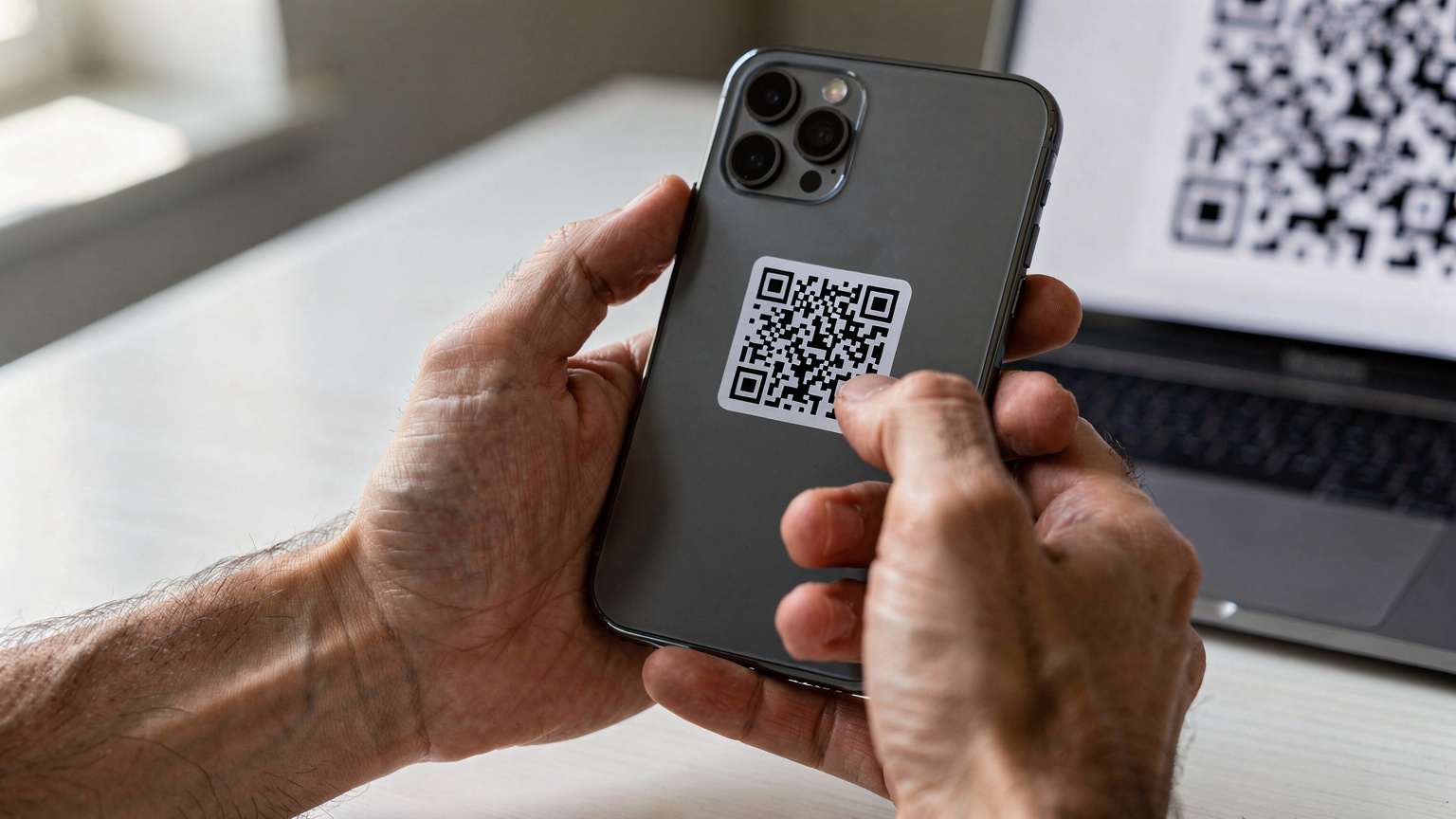 Close-up van handen die een smartphone vasthouden, waarbij de ene hand de telefoon vasthoudt en de andere hand een QR-code scant die op een laptop of ander scherm wordt weergegeven.