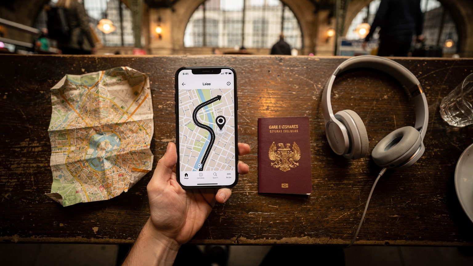 Vue de dessus d'une main tenant un smartphone affichant une application de cartographie avec un itinéraire, posé à côté d'une carte physique froissée, un passeport et des écouteurs sur une table en bois sombre dans un café de gare, évoquant la planification de voyage.